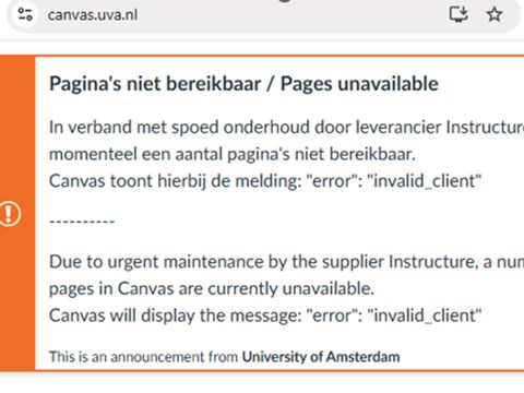 The Canvas error message starts with the text 'Pagina's niet bereikbaar / Pages unavailable'